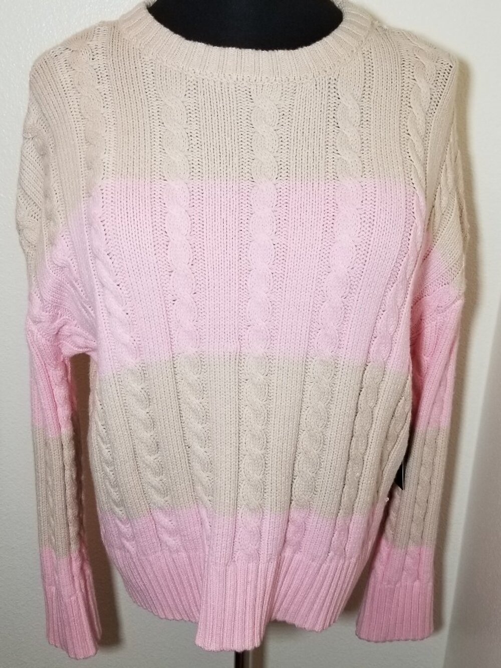 Forever 21 Womens Medium Chunky Cable Knit Sweater Tan Pink Stripe Oversized NWT
